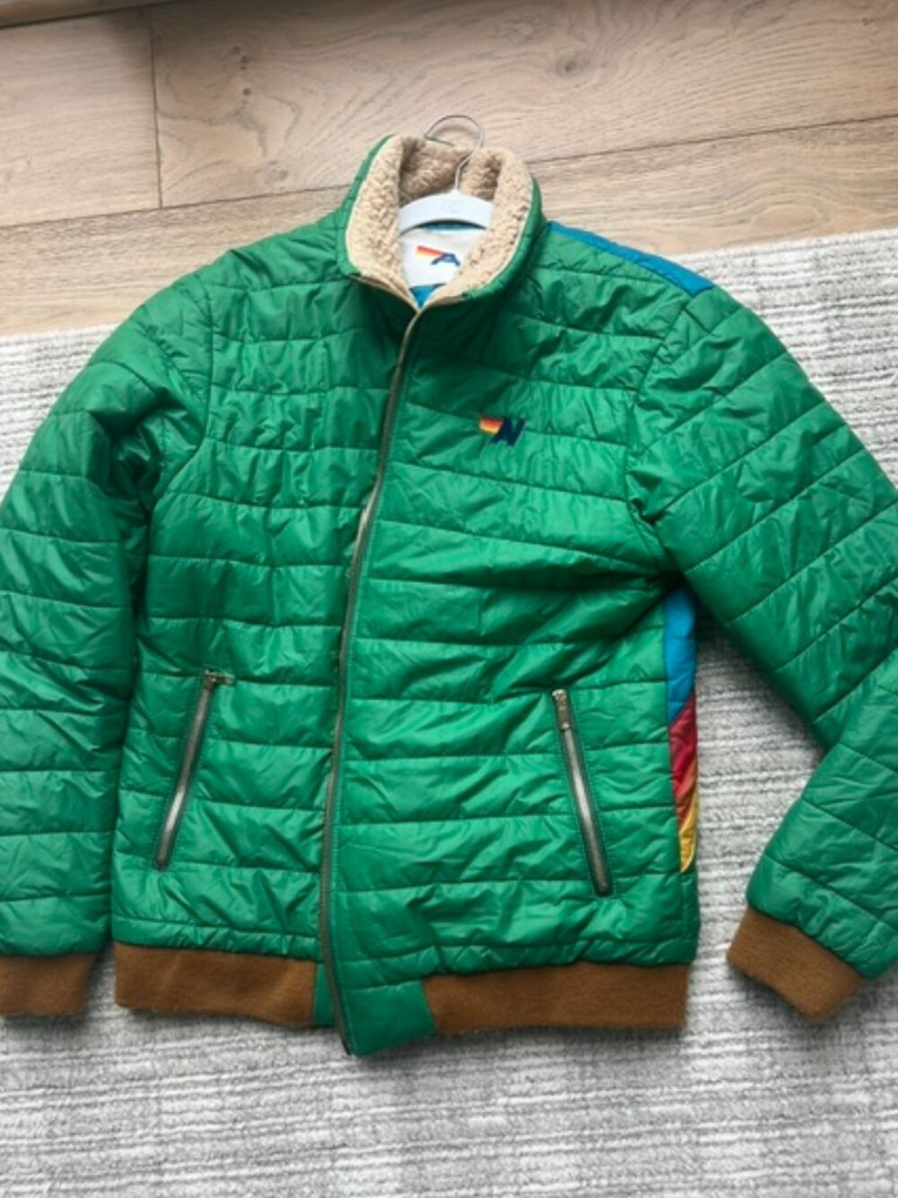 Aviator Nation Green Quilted Puffer Jacket with Rainbow Accents